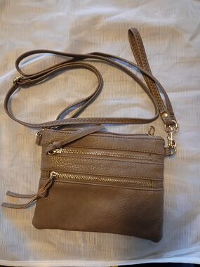 Taupe Crossbody Pouch with Gold Hardware 8x6 Inches